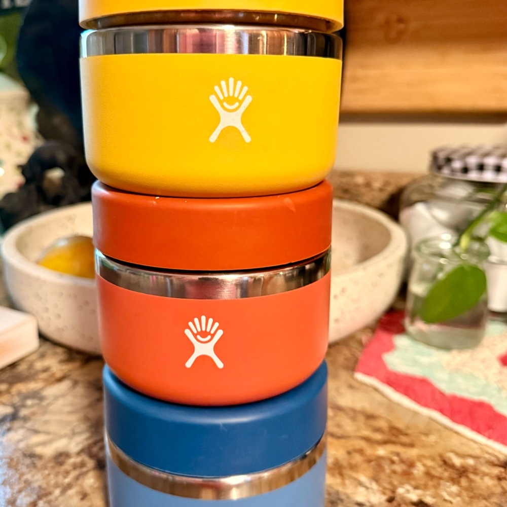 Hydro Flask Yellow, Orange, and Blue food storage Stackable Cups